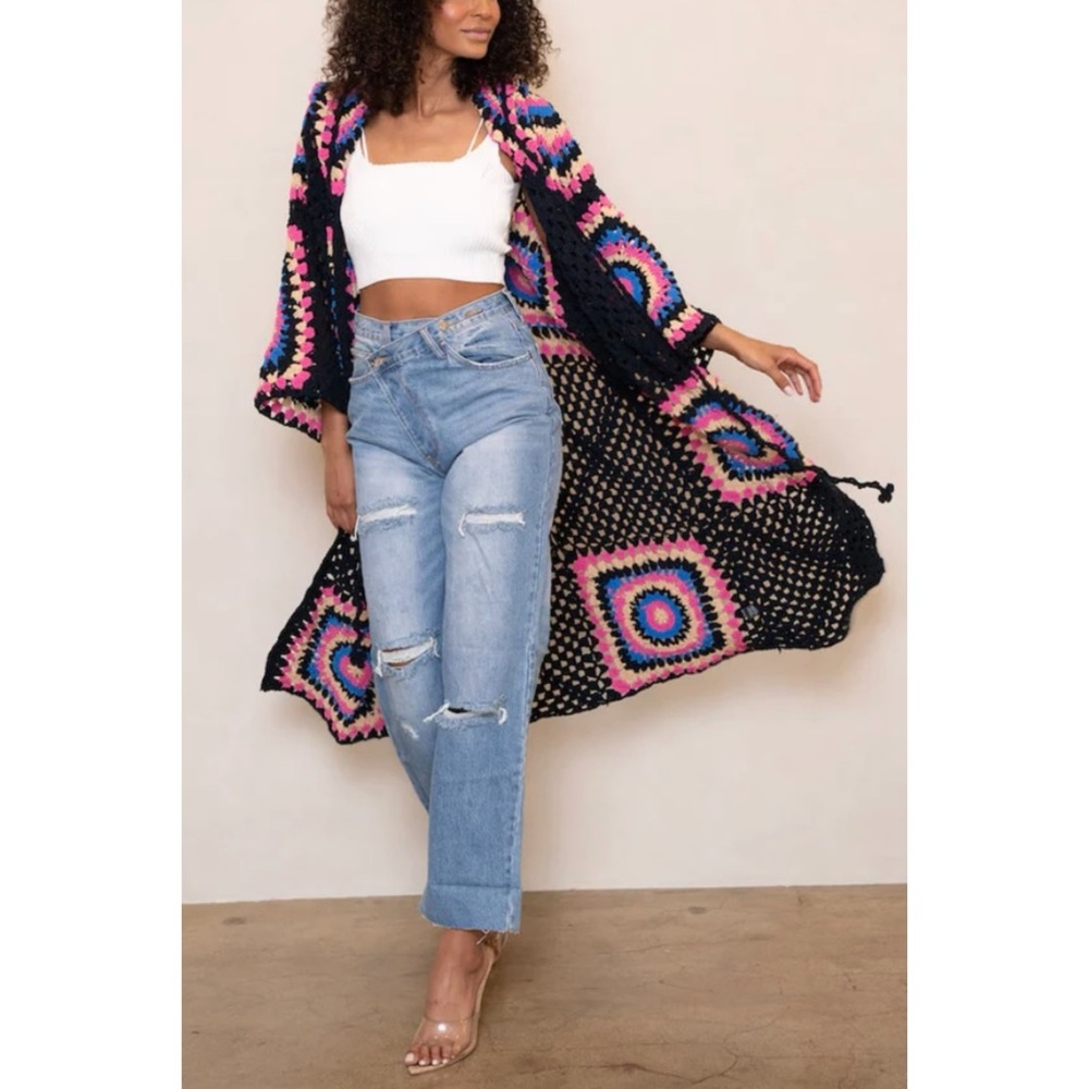 POL Black & Pink Crochet Granny Square Chenille Long Cardigan Relaxed Fit - Picture 7 of 16